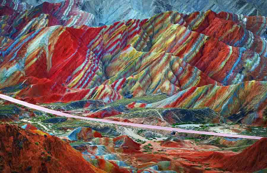 "View of colourful rock formations at the Zhangye Danxia Landform Geological Park in Gansu Province, China, 22 September 2012."