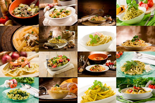 collage of various photo of delicious italian pasta dishes